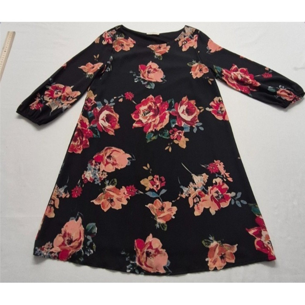 Everly‎ women's black dress small floral print 3/4 sleeves round neck layered